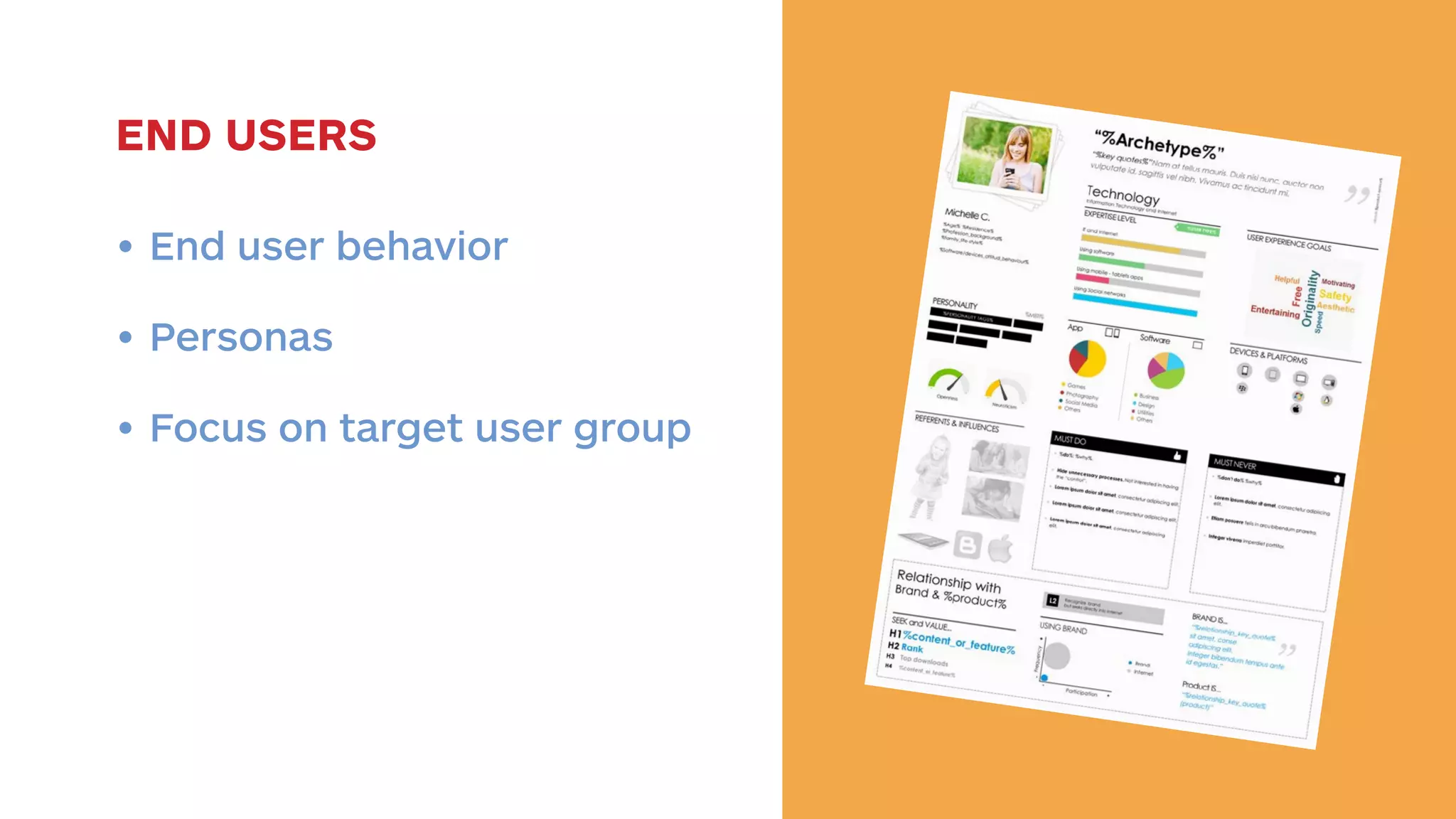 END USERS 
• End user behavior 
• Personas 
• Focus on target user group 
 