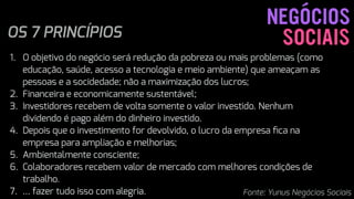 SOCIAIS
NEGÓCIOS
 
Fonte: Yunus Negócios Sociais
1. O objetivo do negócio será redução da pobreza ou mais problemas (como
educação, saúde, acesso a tecnologia e meio ambiente) que ameaçam as
pessoas e a socidedade; não a maximização dos lucros;
2. Financeira e economicamente sustentável;
3. Investidores recebem de volta somente o valor investido. Nenhum
dividendo é pago além do dinheiro investido.
4. Depois que o investimento for devolvido, o lucro da empresa ﬁca na
empresa para ampliação e melhorias;
5. Ambientalmente consciente;
6. Colaboradores recebem valor de mercado com melhores condições de
trabalho.
7. ... fazer tudo isso com alegria.
OS 7 PRINCÍPIOS
 