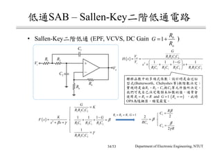 低通SAB – Sallen-Key二階低通電路
• Sallen-Key二階低通
Department of Electronic Engineering, NTUT
(EPF, VCVS, DC Gain )
( ) 1 2 1 2
2
1...