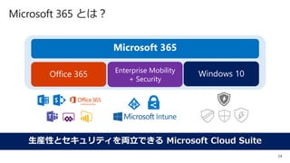 24
Microsoft 365 とは？
生産性とセキュリティを両立できる Microsoft Cloud Suite
Office 365 Enterprise Mobility
+ Security
Microsoft 365
Windows 10
 