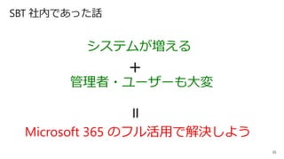 35
Microsoft 365 のフル活用で解決しよう
システムが増える
管理者・ユーザーも大変
＋
＝
SBT 社内であった話
 