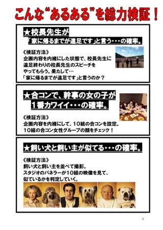 ★校長先生が
「家に帰るまでが遠足です」と言う・・・の確率。
《検証方法》
企画内容を内緒にした状態で、校長先生に
遠足終わりの校長先生のスピーチを
やってもらう。果たして…
「家に帰るまでが遠足です」と言うのか？

★合コンで、幹事の女の子が
１番カワイイ・・・の確率。
《検証方法》
企画内容を内緒にして、１０組の合コンを設定。
１０組の合コン女性グループの顔をチェック！

★飼い犬と飼い主が似てる・・・の確率。
《検証方法》
飼い犬と飼い主を並べて撮影。
スタジオのパネラーが１０組の映像を見て、
似ているかを判定していく。

3

 