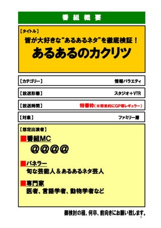番 組 概 要
【タイトル】

皆が大好きな“あるあるネタ”を徹底検証！

あるあるのカクリツ
【カテゴリー】

情報バラエティ

【放送形態】

スタジオ＋VTR

【放送時間】

特番枠（※将来的にＧＰ帯レギュラー）

【対象】

ファミリー層

【想定出演者】

■番組ＭＣ

＠＠＠＠
■パネラー
旬な芸能人＆あるあるネタ芸人
■専門家
医者、言語学者、動物学者など

9

 