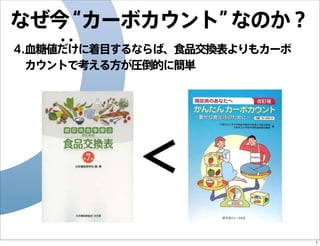 なぜ今
“カーボカウント”
なのか？
・
・

4.血糖値だけに着目するならば、食品交換表よりもカーボ
カウントで考える方が圧倒的に簡単

＜
7

 