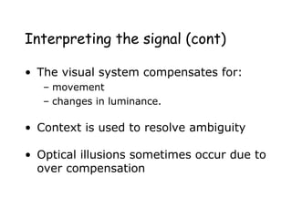 Interpreting the signal (cont)
• The visual system compensates for:
– movement
– changes in luminance.
• Context is used to resolve ambiguity
• Optical illusions sometimes occur due to
over compensation
 