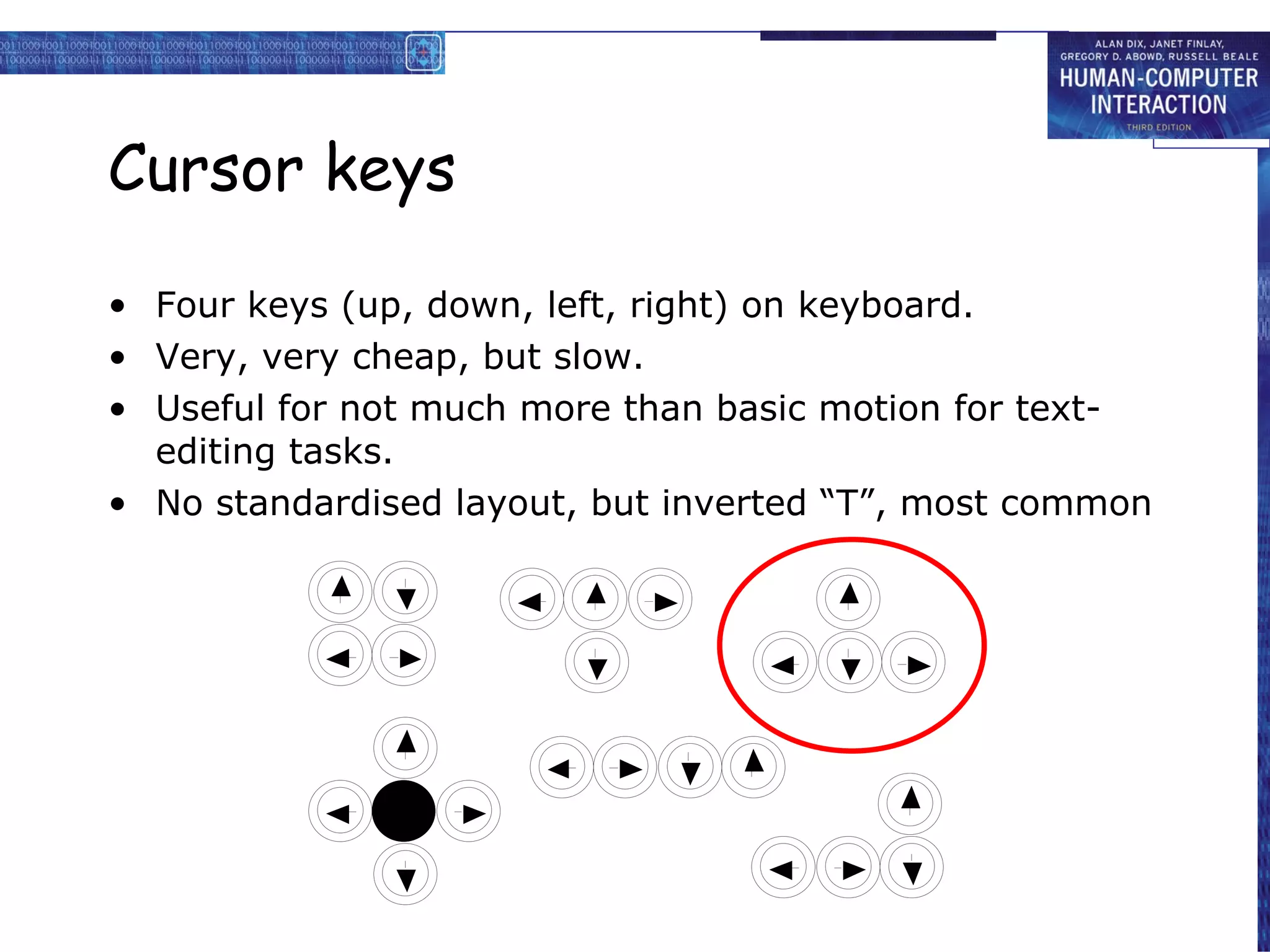 Cursor keys Four keys (up, down, left, right) on keyboard. Very, very cheap, but slow.  Useful for not much more than basic motion for text-editing tasks. No standardised layout, but inverted “T”, most common 