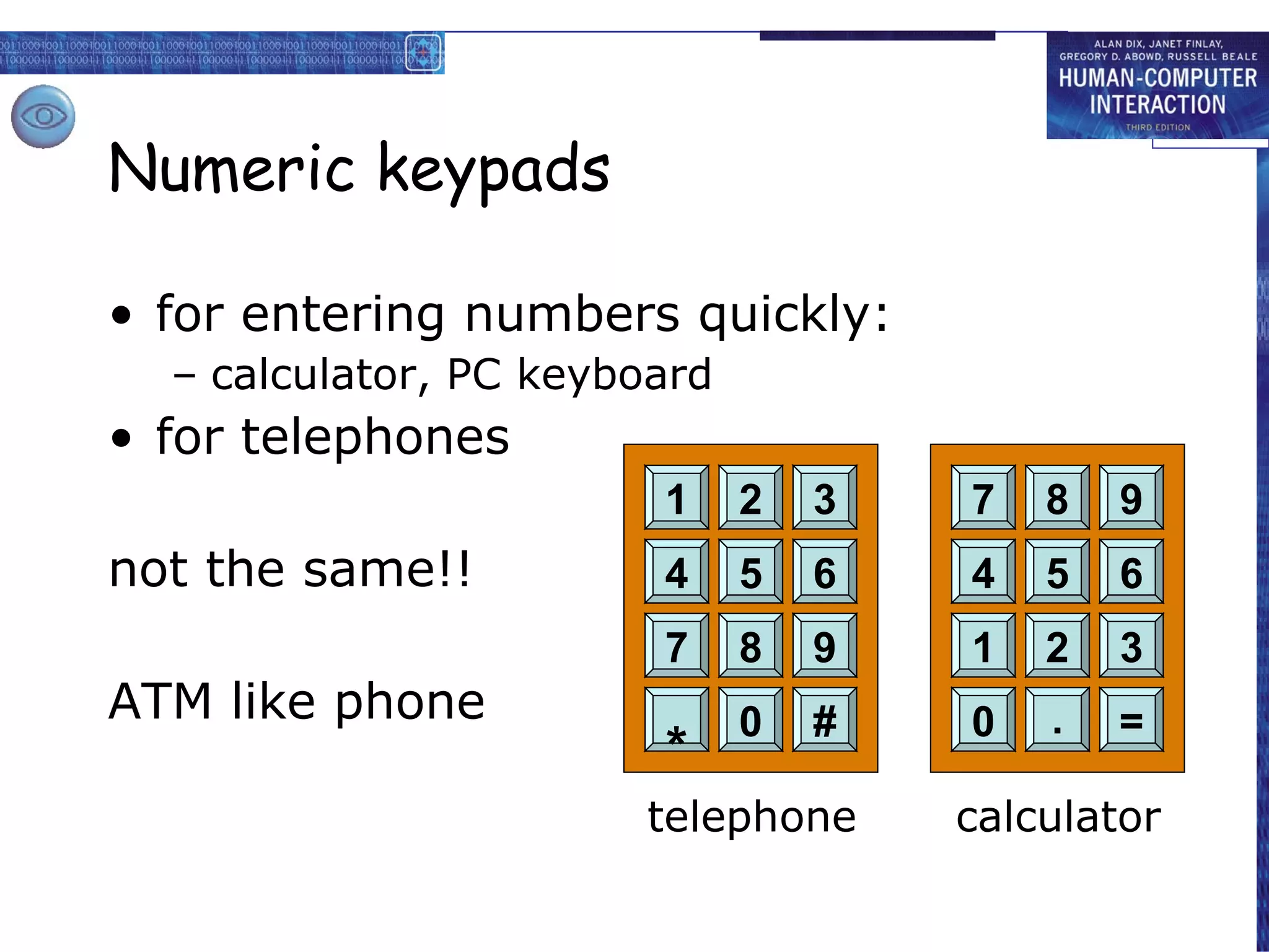 Numeric keypads for entering numbers quickly: calculator, PC keyboard for telephones not the same!! ATM like phone telephone calculator 4 5 6 7 8 9 * 0 # 1 2 3 4 5 6 1 2 3 0 . = 7 8 9 