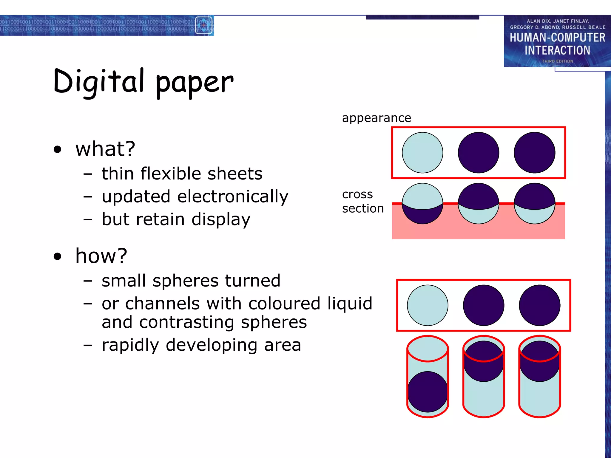 Digital paper what? thin flexible sheets updated electronically but retain display how? small spheres turned or channels with coloured liquid and contrasting spheres rapidly developing area appearance cross section 