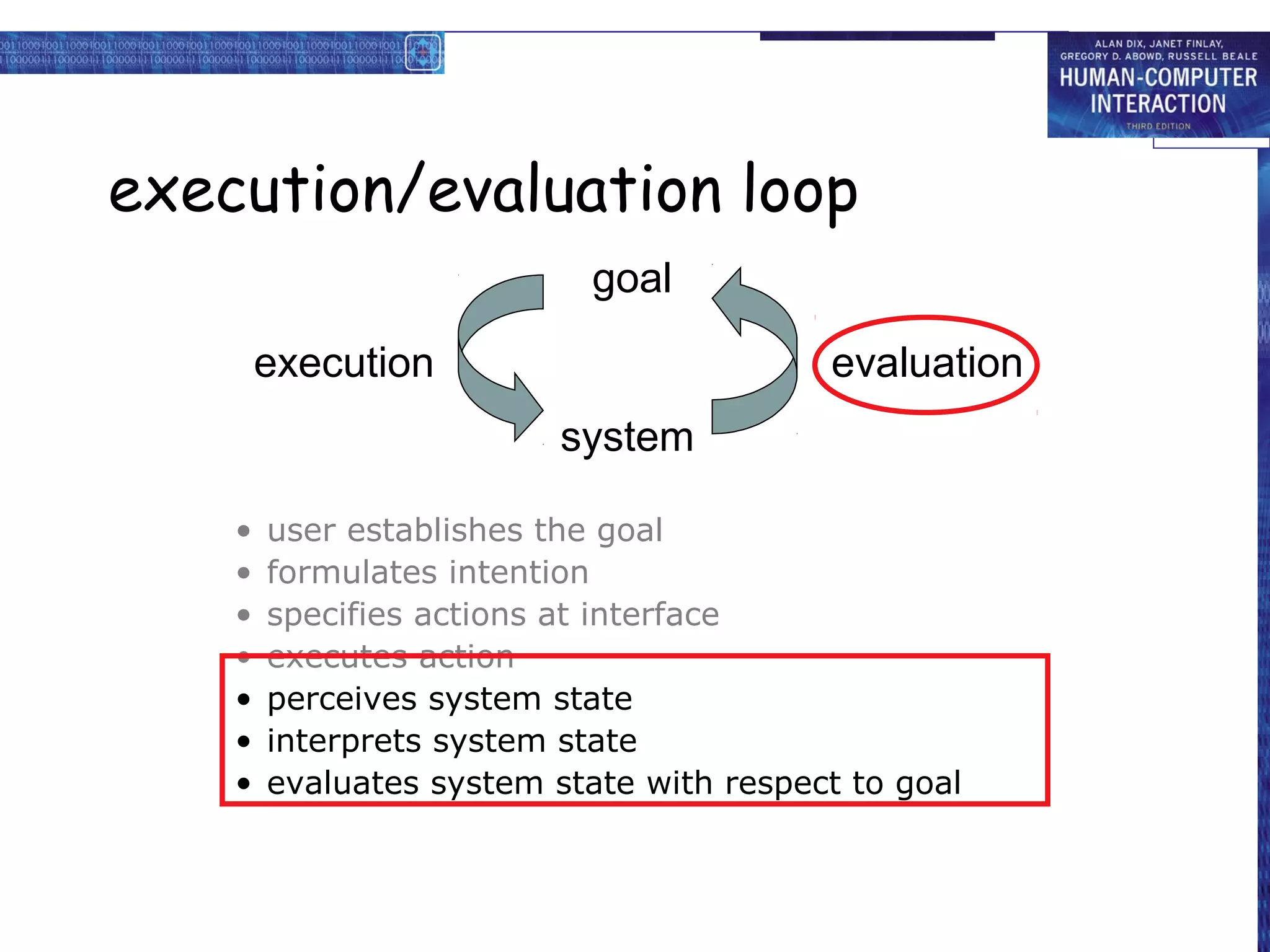 execution/evaluation loop
                            goal

        execution                         evaluation
                          system

    •   user establishes the goal
    •   formulates intention
    •   specifies actions at interface
    •   executes action
    •   perceives system state
    •   interprets system state
    •   evaluates system state with respect to goal
 