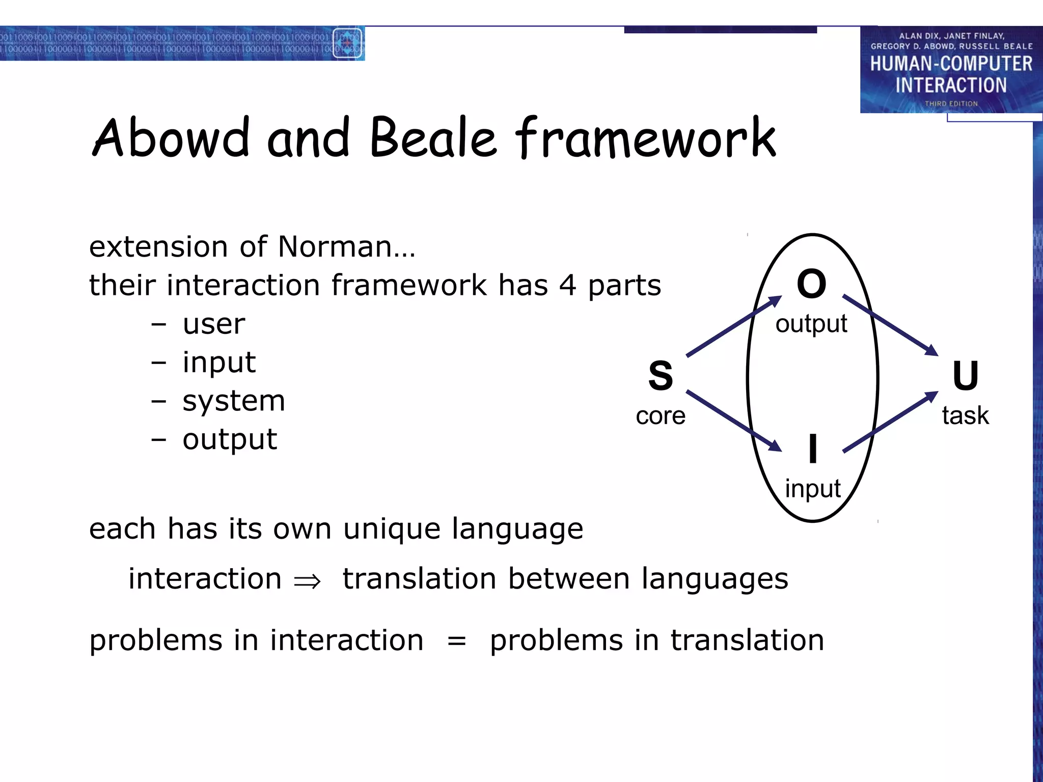 Abowd and Beale framework
extension of Norman…
their interaction framework has 4 parts         O
    – user                                   output
    – input
                                      S               U
    – system                         core             task
    – output                                    I
                                              input
each has its own unique language
  interaction ⇒ translation between languages

problems in interaction = problems in translation
 
