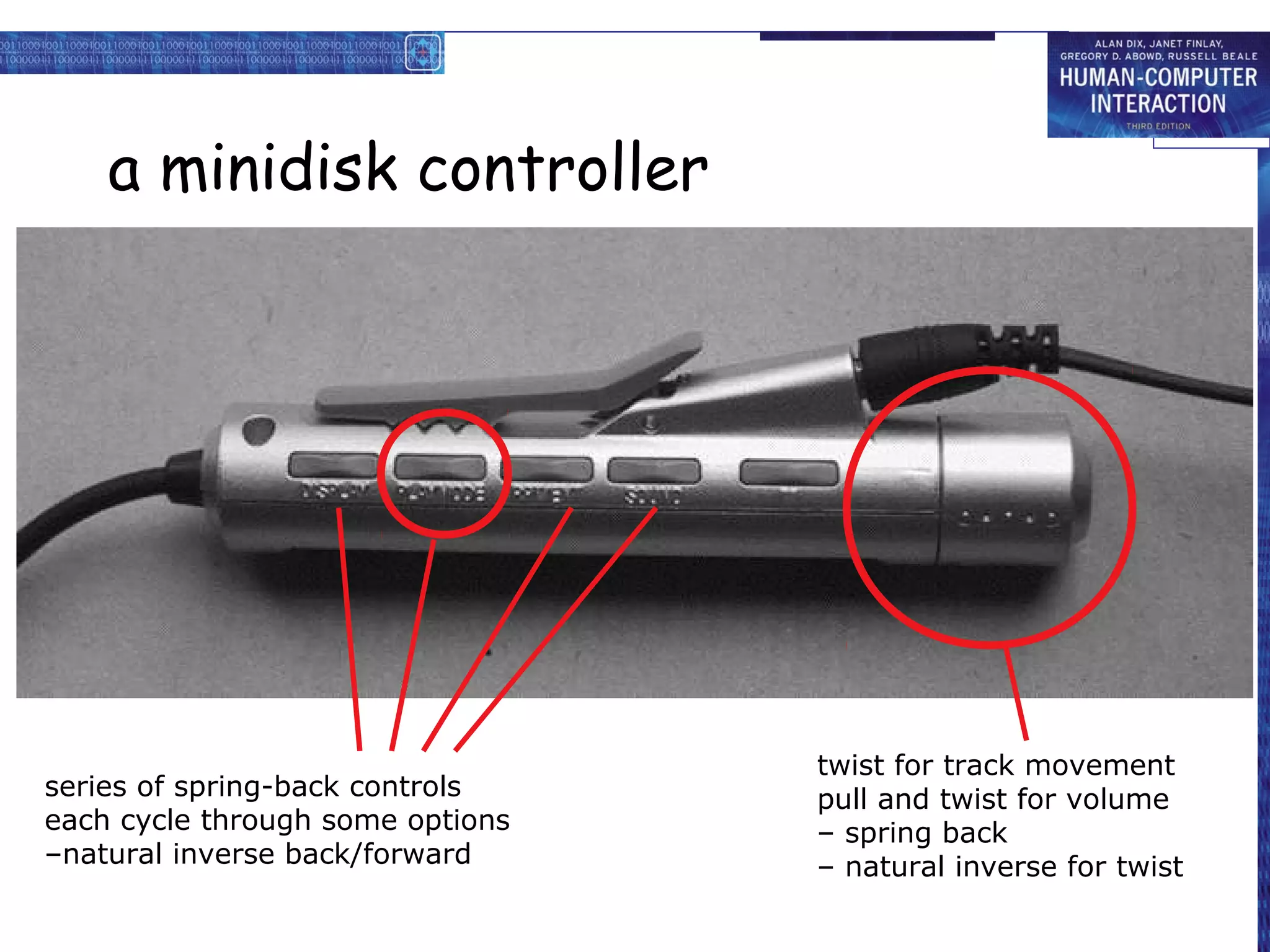 a minidisk controller




                                  twist for track movement
series of spring-back controls    pull and twist for volume
each cycle through some options   – spring back
–natural inverse back/forward     – natural inverse for twist
 