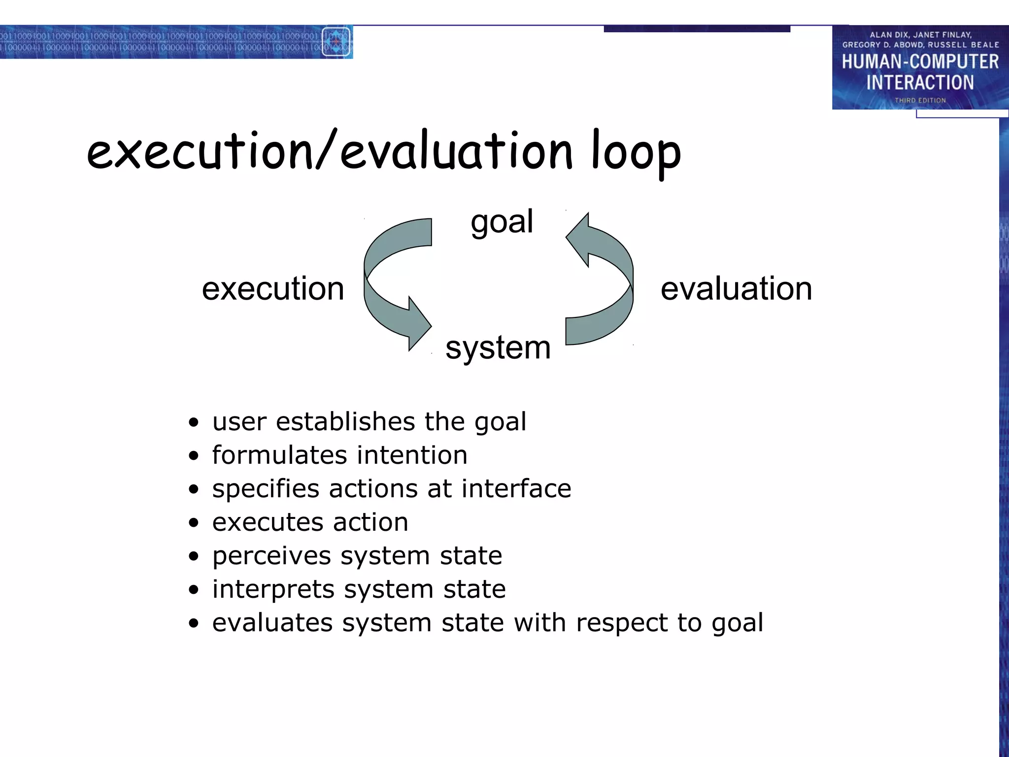 execution/evaluation loop
                            goal

        execution                         evaluation
                          system

    •   user establishes the goal
    •   formulates intention
    •   specifies actions at interface
    •   executes action
    •   perceives system state
    •   interprets system state
    •   evaluates system state with respect to goal
 