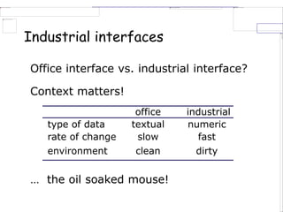 Industrial interfaces
Office interface vs. industrial interface?
Context matters!
office industrial
type of data textual numeric
rate of change slow fast
environment clean dirty
… the oil soaked mouse!
 