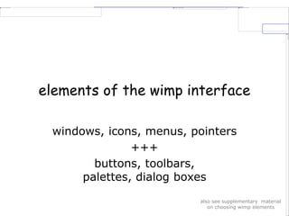 elements of the wimp interface
windows, icons, menus, pointers
+++
buttons, toolbars,
palettes, dialog boxes
also see supplementary material
on choosing wimp elements
 