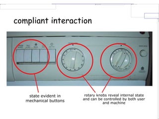 compliant interaction
state evident in
mechanical buttons
rotary knobs reveal internal state
and can be controlled by both user
and machine
 