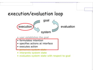 execution/evaluation loop
• user establishes the goal
• formulates intention
• specifies actions at interface
• executes action
• perceives system state
• interprets system state
• evaluates system state with respect to goal
system
evaluation
execution
goal
 