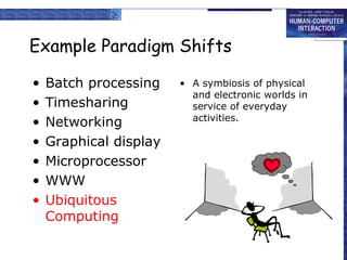 Example Paradigm Shifts

•   Batch processing    • A symbiosis of physical
                          and electronic worlds in
•   Timesharing           service of everyday
                          activities.
•   Networking
•   Graphical display
•   Microprocessor
•   WWW
•   Ubiquitous
    Computing
 