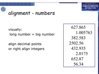 alignment - numbers visually: long number = big number align decimal points or right align integers 627.865 1.005763 382.583 2502.56 432.935 2.0175 652.87 56.34 