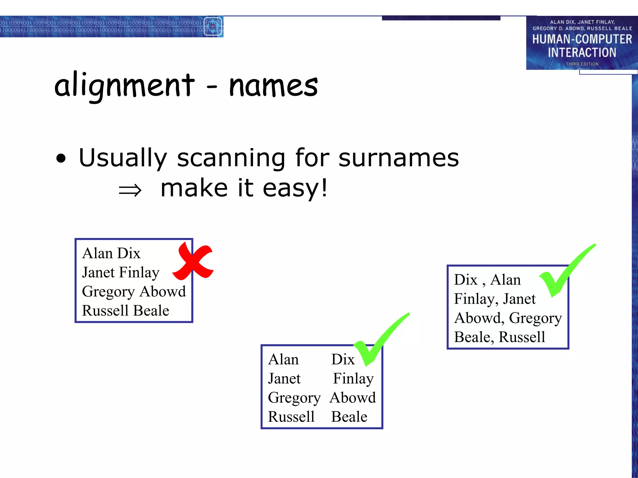 alignment - names Usually scanning for surnames     make it easy! Alan Dix Janet Finlay Gregory Abowd Russell Beale Alan  Dix Janet  Finlay Gregory  Abowd Russell  Beale Dix , Alan Finlay, Janet Abowd, Gregory Beale, Russell    