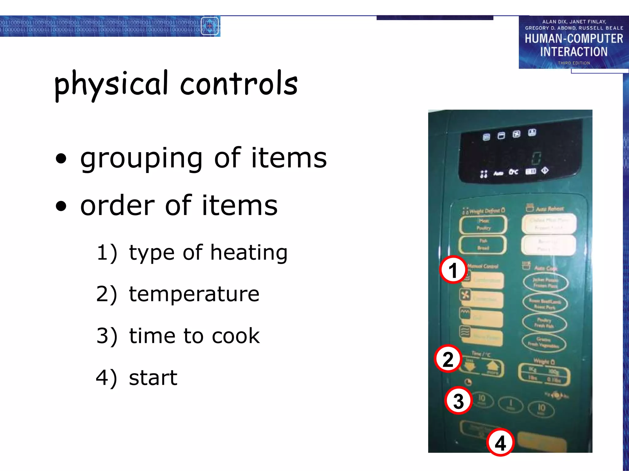 physical controls grouping of items order of items type of heating temperature time to cook start 4 4) start 2 2) temperature 3 3) time to cook 1 1) type of heating 