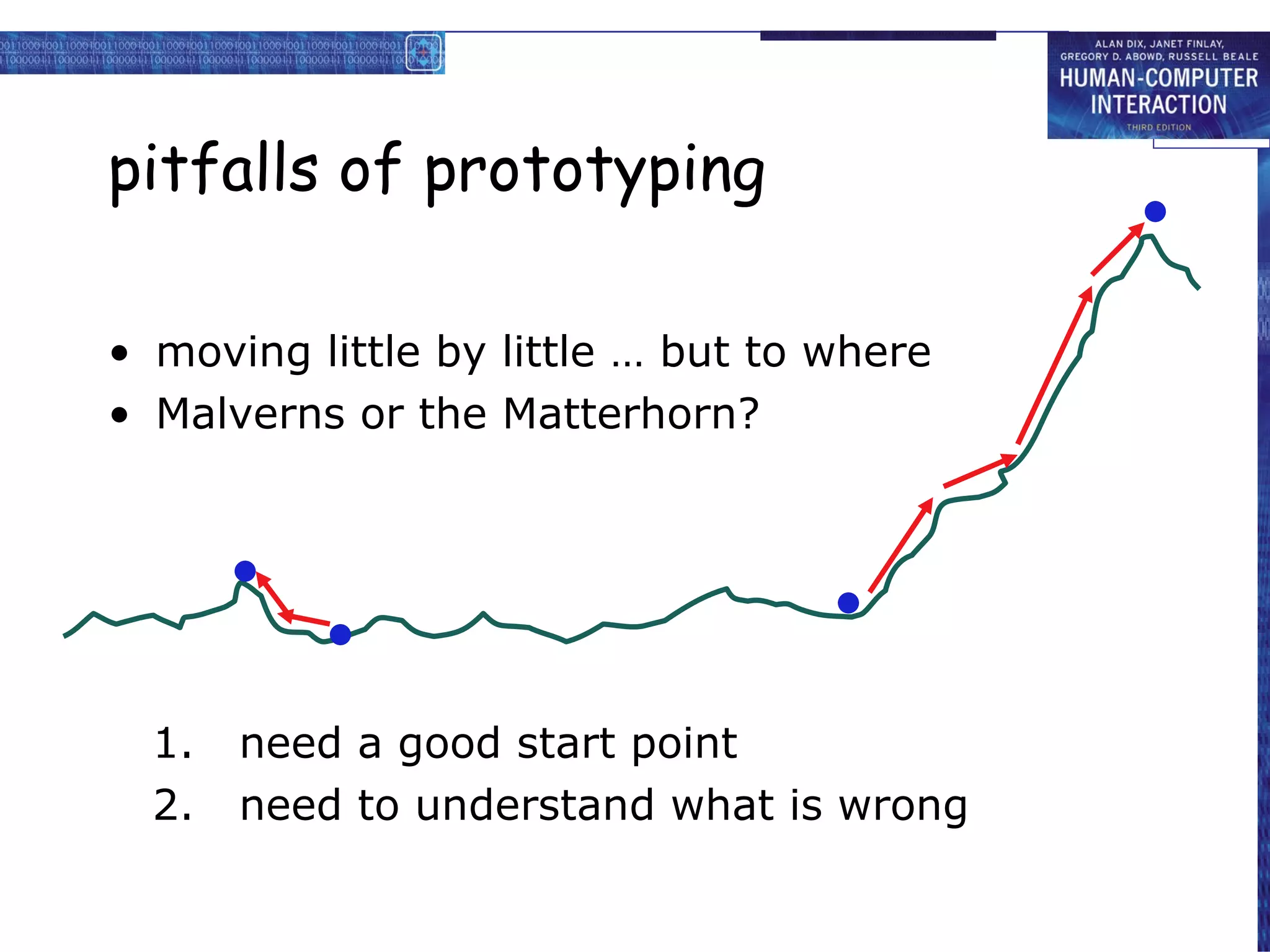 pitfalls of prototyping moving little by little … but to where Malverns or the Matterhorn? 1.  need a good start point 2.  need to understand what is wrong 
