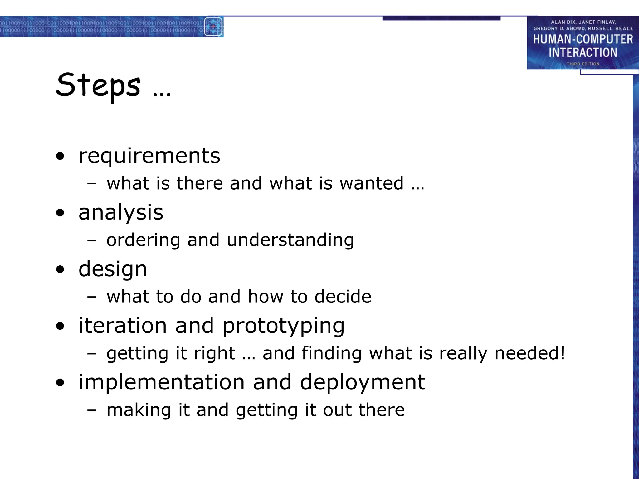 Steps …
• requirements
– what is there and what is wanted …
• analysis
– ordering and understanding
• design
– what to do and how to decide
• iteration and prototyping
– getting it right … and finding what is really needed!
• implementation and deployment
– making it and getting it out there
 