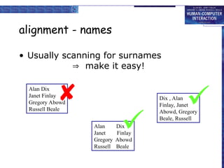alignment - names
• Usually scanning for surnames
 make it easy!
Alan Dix
Janet Finlay
Gregory Abowd
Russell Beale
Alan Dix
Janet Finlay
Gregory Abowd
Russell Beale
Dix , Alan
Finlay, Janet
Abowd, Gregory
Beale, Russell
 

 