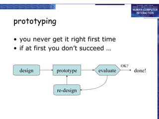 prototyping
• you never get it right first time
• if at first you don’t succeed …
prototype evaluate
design
re-design
done!
OK?
 