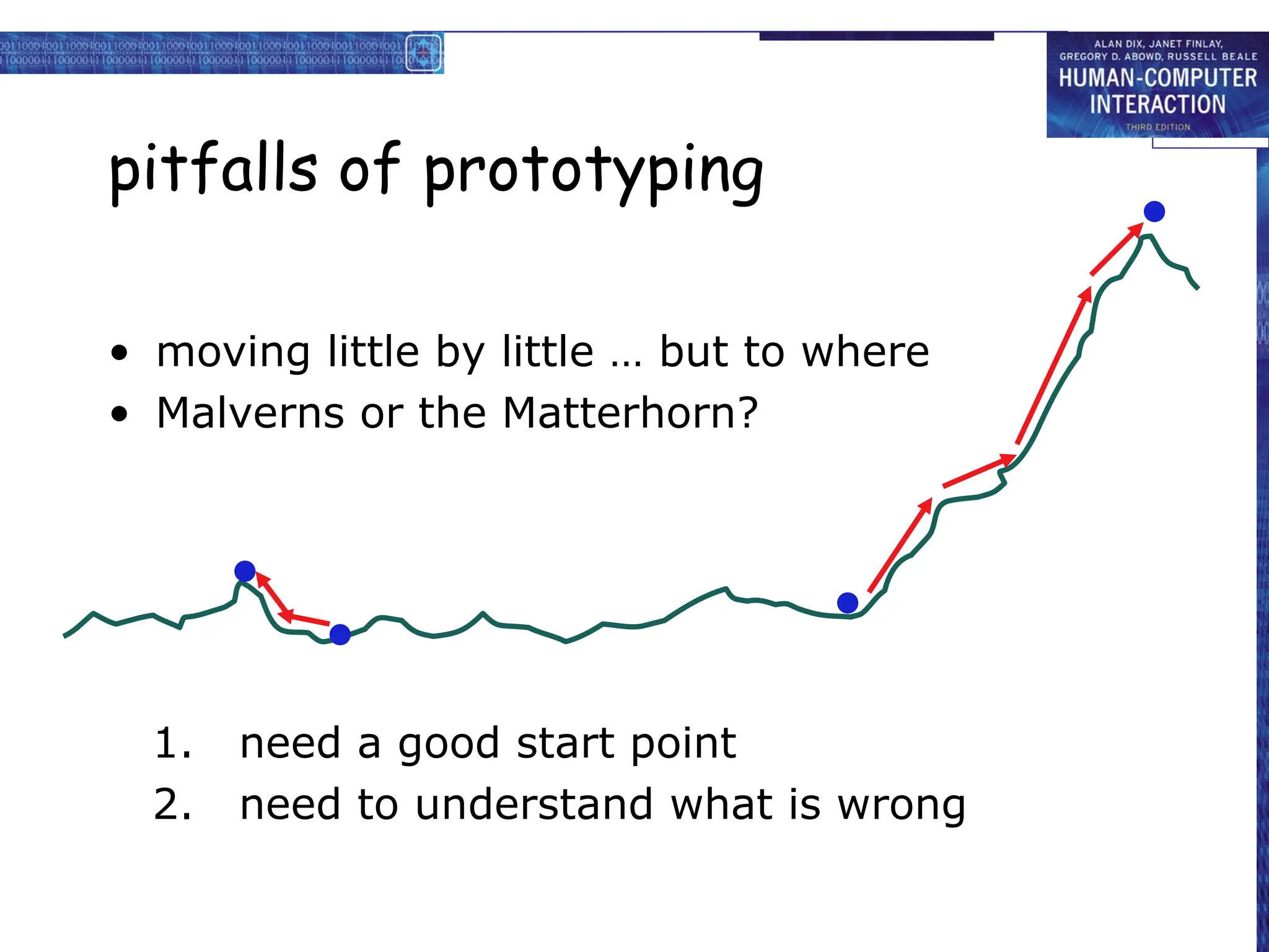 pitfalls of prototyping
• moving little by little … but to where
• Malverns or the Matterhorn?
1. need a good start point
2. need to understand what is wrong
 