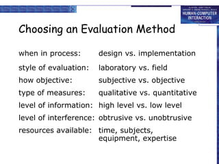 Choosing an Evaluation Method when in process: design vs. implementation style of evaluation: laboratory vs. field how objective: subjective vs. objective type of measures: qualitative vs. quantitative level of information: high level vs. low level level of interference: obtrusive vs. unobtrusive resources available: time, subjects,  equipment, expertise 