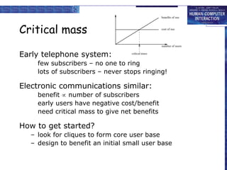 Critical mass
Early telephone system:
few subscribers – no one to ring
lots of subscribers – never stops ringing!
Electron...