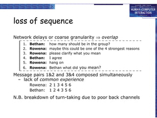 loss of sequence
Network delays or coarse granularity ⇒ overlap
1.
2.
3.
4.
5.
6.

Bethan:
Rowena:
Rowena:
Bethan:
Rowena:
Rowena:

how many should be in the group?
maybe this could be one of the 4 strongest reasons
please clarify what you mean
I agree
hang on
Bethan what did you mean?

Message pairs 1&2 and 3&4 composed simultaneously
– lack of common experience
Rowena: 2 1 3 4 5 6
Bethan: 1 2 4 3 5 6

N.B. breakdown of turn-taking due to poor back channels

 