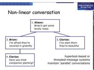 Non-linear conversation
1. Alison:
Brian’s got some
lovely roses

2. Brian:
I’m afraid they’re
covered in greenfly

4. Clarise:
have you tried
companion planting?

3. Clarise:
I’ve seen them
they’re beautiful

hypertext-based or
threaded-message systems
maintain ‘parallel’ conversations

 
