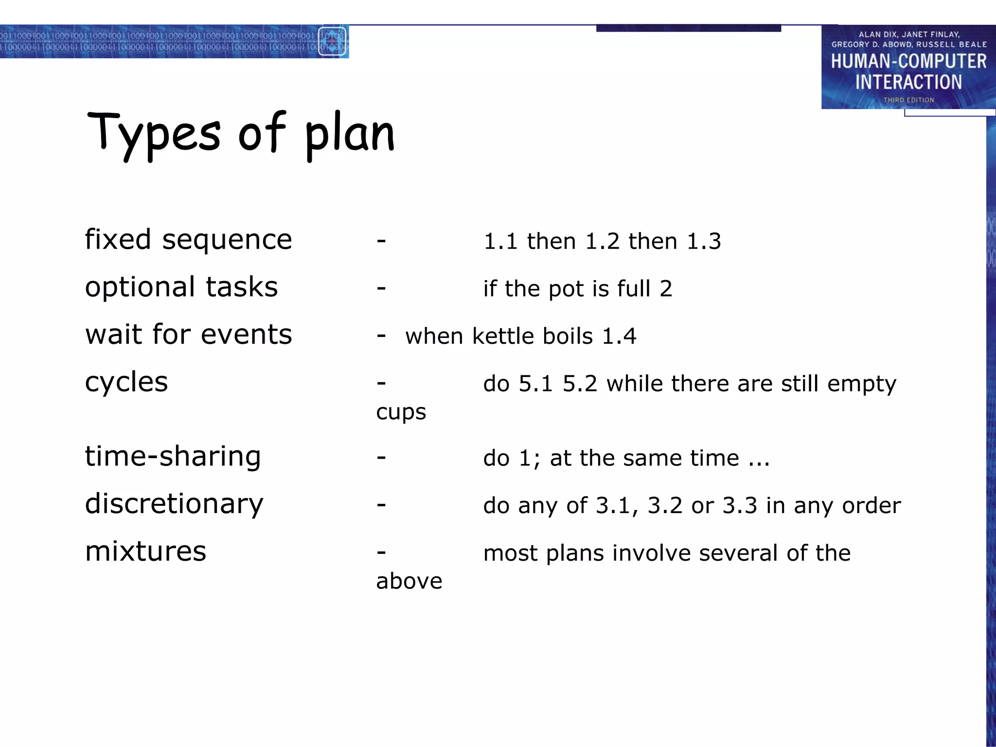 Types of plan fixed sequence - 1.1 then 1.2 then 1.3 optional tasks - if the pot is full 2 wait for events -  when kettle boils 1.4 cycles - do 5.1 5.2 while there are still empty cups time-sharing - do 1; at the same time ... discretionary - do any of 3.1, 3.2 or 3.3 in any order mixtures - most plans involve several of the above 