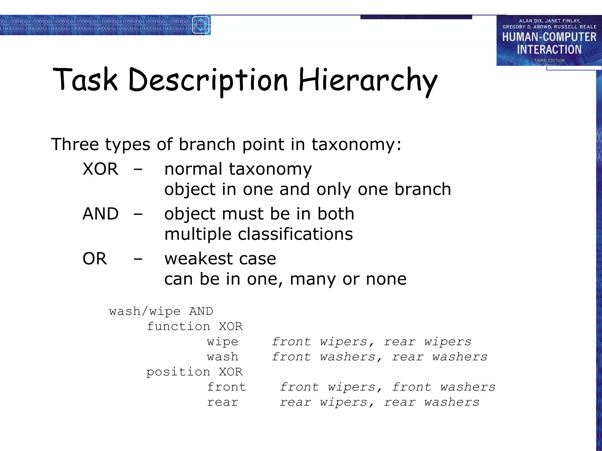 Task Description Hierarchy Three types of branch point in taxonomy: XOR – normal taxonomy object in one and only one branch AND – object must be in both multiple classifications OR – weakest case can be in one, many or none wash/wipe AND function XOR wipe  front wipers, rear wipers wash  front washers, rear washers position XOR front  front wipers, front washers rear  rear wipers, rear washers 