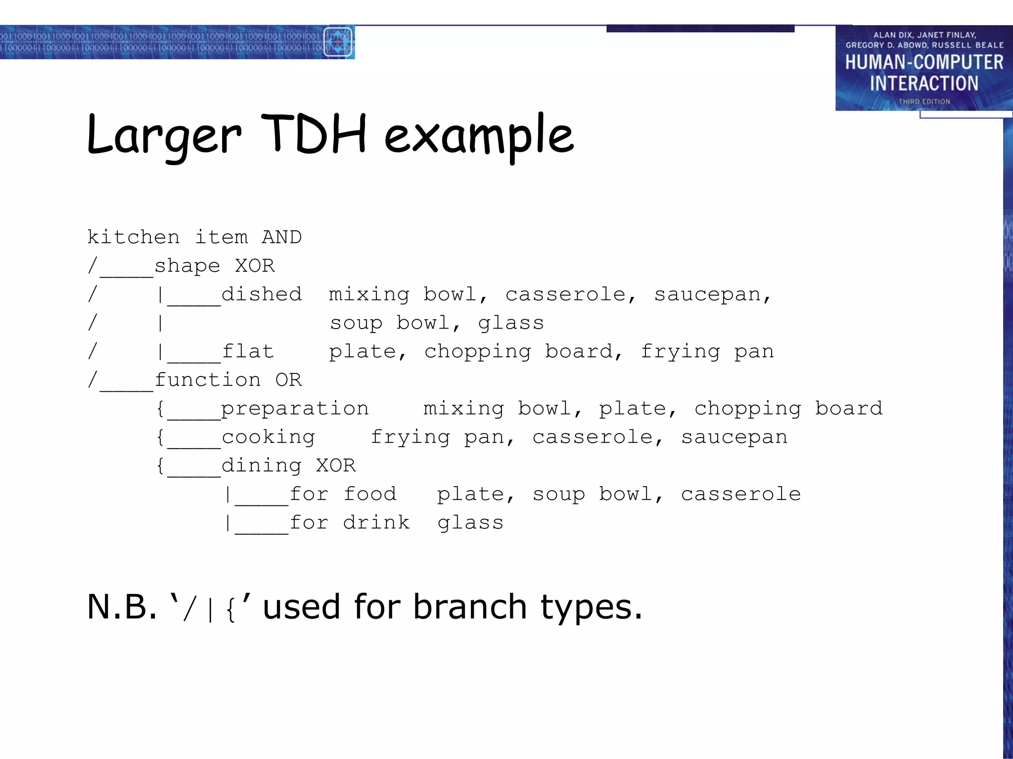 Larger TDH example kitchen item AND /____shape XOR /  |____dished  mixing bowl, casserole, saucepan, /  |  soup bowl, glass /  |____flat  plate, chopping board, frying pan /____function OR {____preparation  mixing bowl, plate, chopping board {____cooking  frying pan, casserole, saucepan {____dining XOR |____for food  plate, soup bowl, casserole |____for drink  glass N.B. ‘ /|{ ’ used for branch types. 