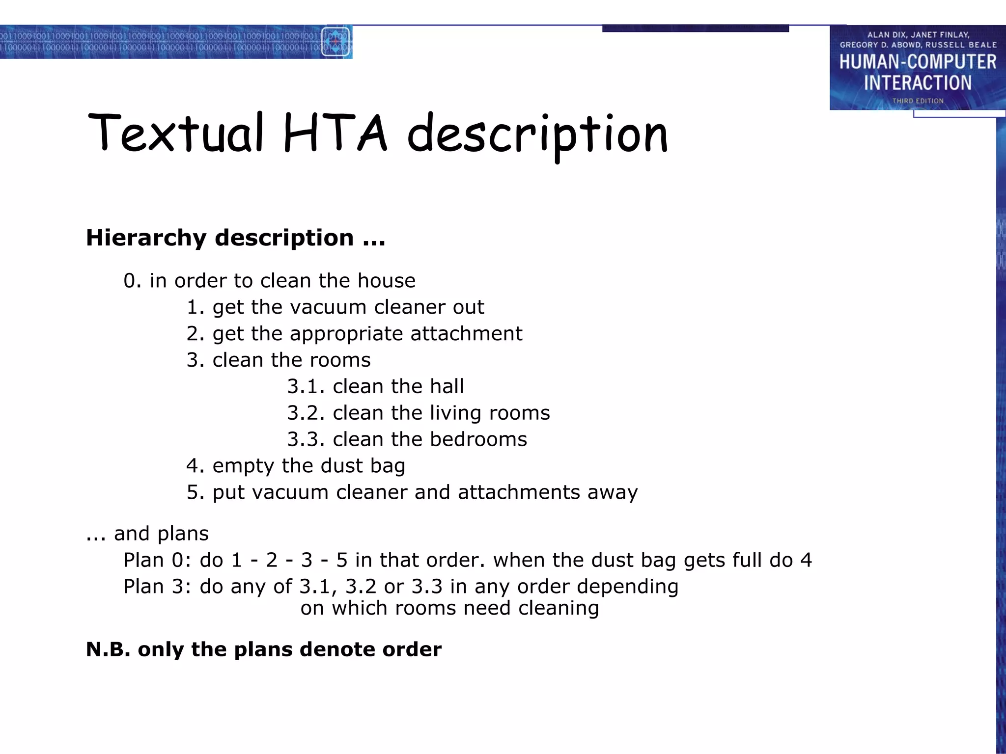 Textual HTA description Hierarchy description ... 0. in order to clean the house 1. get the vacuum cleaner out 2. get the appropriate attachment 3. clean the rooms 3.1. clean the hall 3.2. clean the living rooms 3.3. clean the bedrooms 4. empty the dust bag 5. put vacuum cleaner and attachments away ... and plans Plan 0: do 1 - 2 - 3 - 5 in that order. when the dust bag gets full do 4 Plan 3: do any of 3.1, 3.2 or 3.3 in any order depending   on which rooms need cleaning N.B. only the plans denote order 