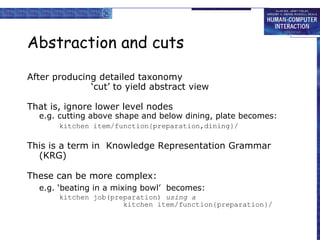 Abstraction and cuts After producing detailed taxonomy ‘cut’ to yield abstract view That is, ignore lower level nodes e.g. cutting above shape and below dining, plate becomes: kitchen item/function{preparation,dining}/ This is a term in  Knowledge Representation Grammar (KRG)  These can be more complex: e.g. ‘beating in a mixing bowl’  becomes: kitchen job(preparation)  using a kitchen item/function{preparation}/ 