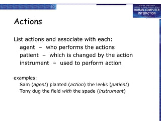 Actions List actions and associate with each: agent  –  who performs the actions patient  –  which is changed by the action instrument  –  used to perform action examples: Sam ( agent ) planted ( action ) the leeks ( patient ) Tony dug the field  with  the spade ( instrument ) 