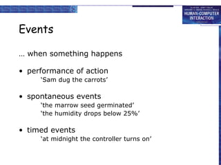 Events …  when something happens performance of action ‘ Sam dug the carrots’ spontaneous events ‘ the marrow seed germinated’ ‘ the humidity drops below 25%’ timed events ‘ at midnight the controller turns on’ 