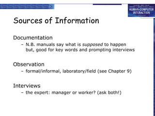 Sources of Information Documentation N.B. manuals say what is  supposed  to happen but, good for key words and prompting interviews Observation formal/informal, laboratory/field (see Chapter 9) Interviews the expert: manager or worker? (ask both!) 