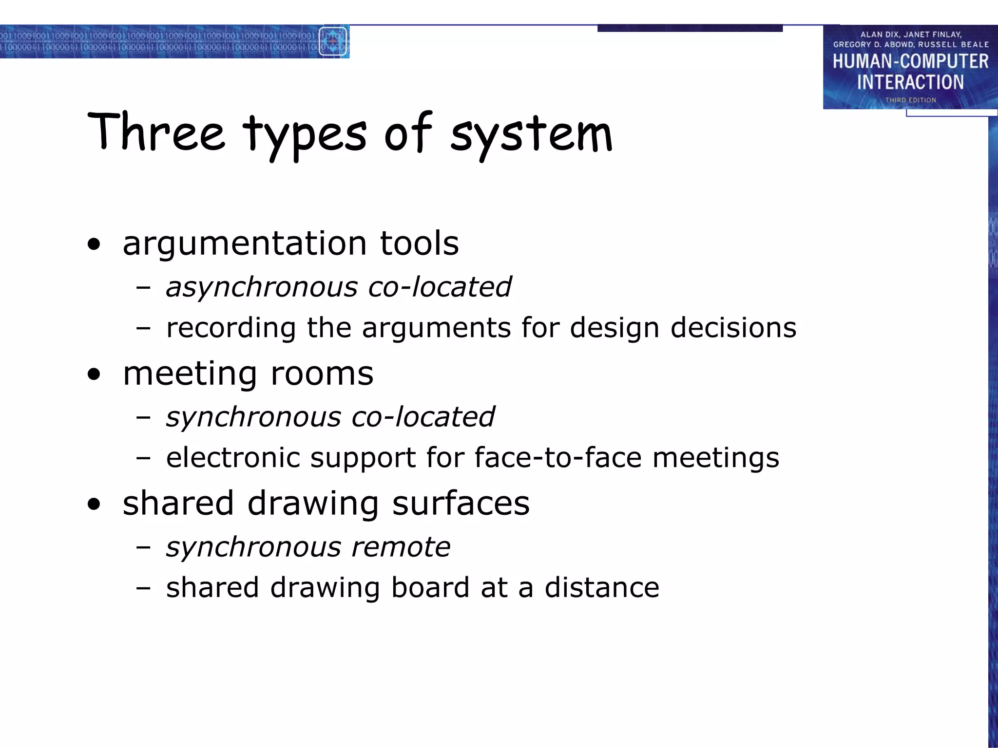 Three types of system argumentation tools asynchronous co-located recording the arguments for design decisions meeting rooms synchronous co-located electronic support for face-to-face meetings shared drawing surfaces synchronous remote shared drawing board at a distance 