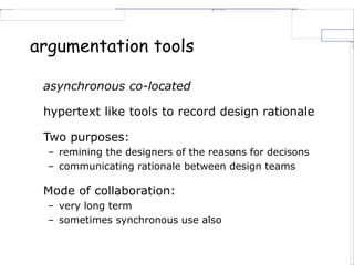argumentation tools
asynchronous co-located
hypertext like tools to record design rationale
Two purposes:
– remining the designers of the reasons for decisons
– communicating rationale between design teams
Mode of collaboration:
– very long term
– sometimes synchronous use also
 