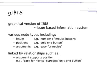 gIBIS
graphical version of IBIS
– issue based information system
various node types including:
– issues e.g. ‘number of mouse buttons’
– positions e.g. ‘only one button’
– arguments e.g. ‘easy for novice’
linked by relationships such as:
– argument supports position
e.g., ‘easy for novice’ supports ‘only one button’
 