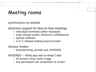 Meeting rooms
synchronous co-located
electronic support for face-to-face meetings
– individual terminals (often recessed)
– large shared screen (electronic whiteboard)
– special software
– U or C shaped seating around screen
Various modes:
– brainstorming, private use, WYSIWIS
WYSIWIS – ‘what you see is what I see’
– all screens show same image
– any participant can write/draw to screen
 