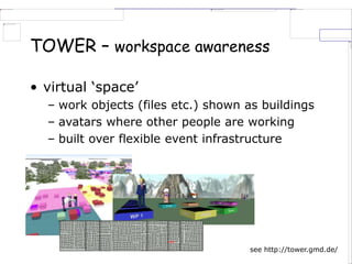 TOWER – workspace awareness
• virtual ‘space’
– work objects (files etc.) shown as buildings
– avatars where other people are working
– built over flexible event infrastructure
see http://tower.gmd.de/
 