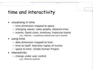 time and interactivity
• visualising in time
– time dimension mapped to space
– changing values: sales graphs, distance-time
– events: Gantt chart, timelines, historical charts
e.g. Lifelines – visualising medical and court records
• using time
– data dimension mapped to time
– time to itself: fast/slow replay of events
– space to time: Visible Human Project
• interactivity
– change under user control
e.g. influence explorer
 