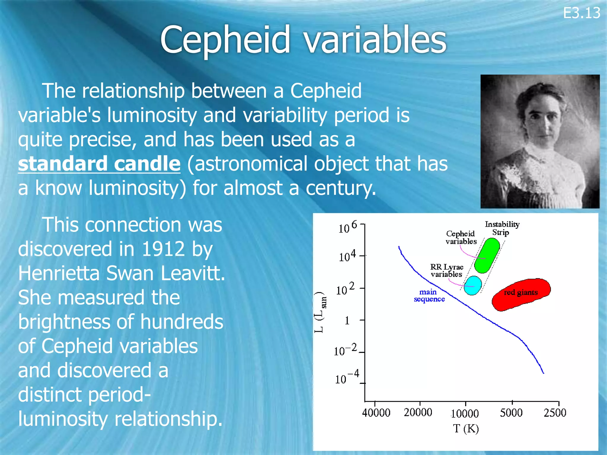 E3.13

                Cepheid variables
   The relationship between a Cepheid
variable's luminosity and variability period is
quite precise, and has been used as a
standard candle (astronomical object that has
a know luminosity) for almost a century.
   This connection was
discovered in 1912 by
Henrietta Swan Leavitt.
She measured the
brightness of hundreds
of Cepheid variables
and discovered a
distinct period-
luminosity relationship.
 