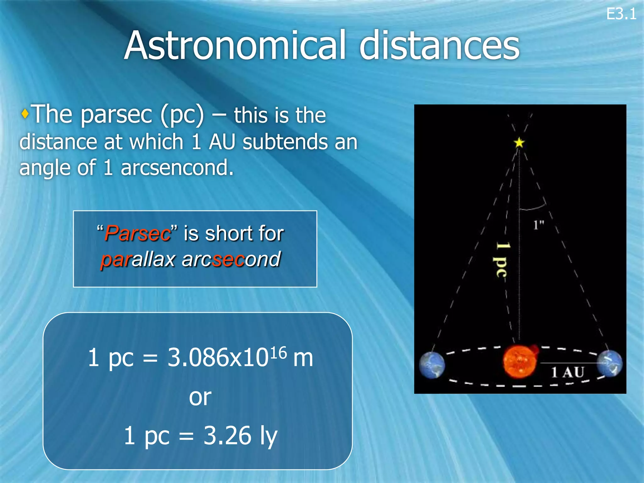 E3.1

          Astronomical distances
The parsec (pc) – this is the
distance at which 1 AU subtends an
angle of 1 arcsencond.


       “Parsec” is short for
       parallax arcsecond



      1 pc = 3.086x1016 m
                 or
          1 pc = 3.26 ly
 