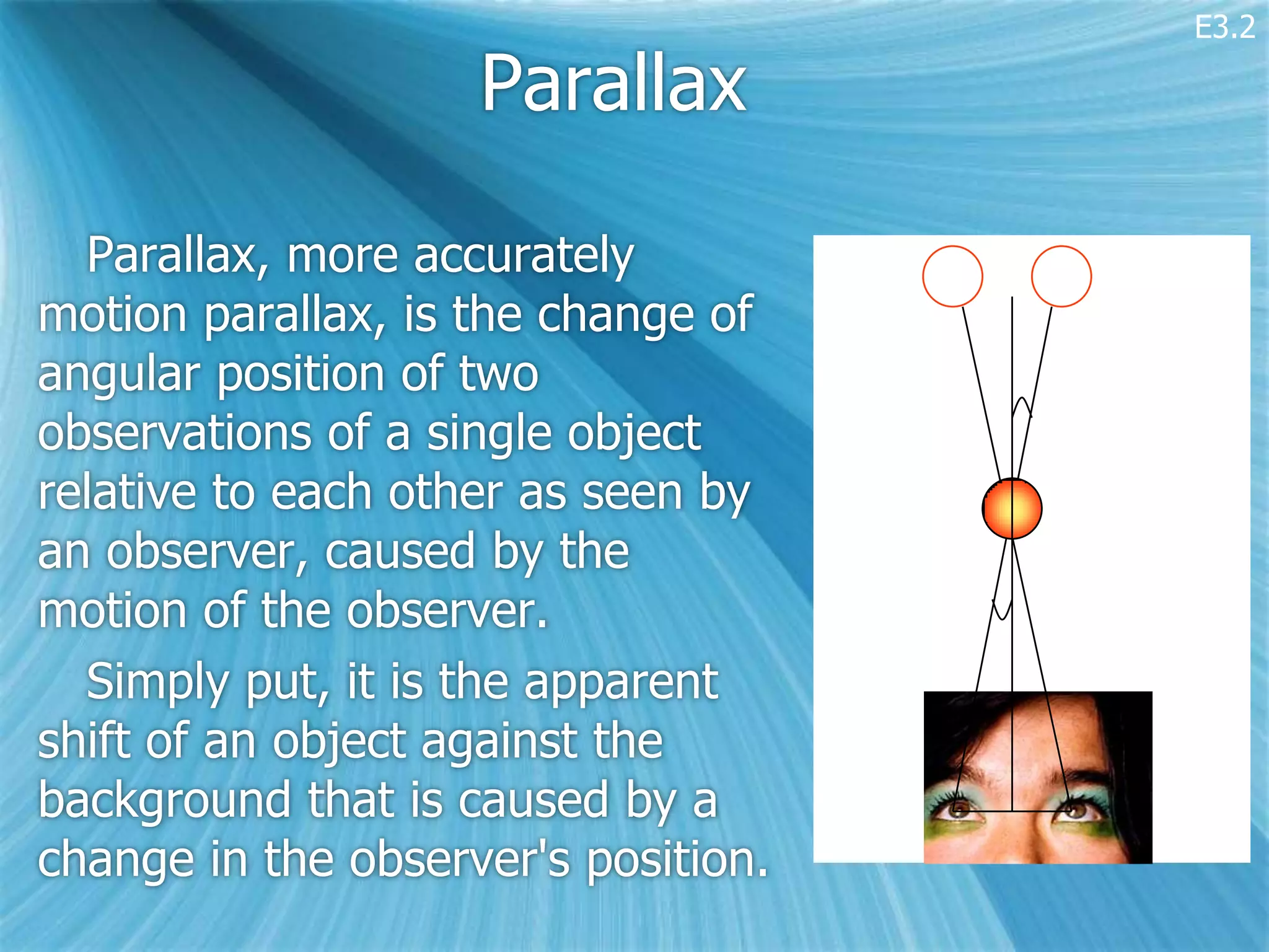 E3.2

                    Parallax

  Parallax, more accurately
motion parallax, is the change of
angular position of two
observations of a single object
relative to each other as seen by
an observer, caused by the
motion of the observer.
  Simply put, it is the apparent
shift of an object against the
background that is caused by a
change in the observer's position.
 